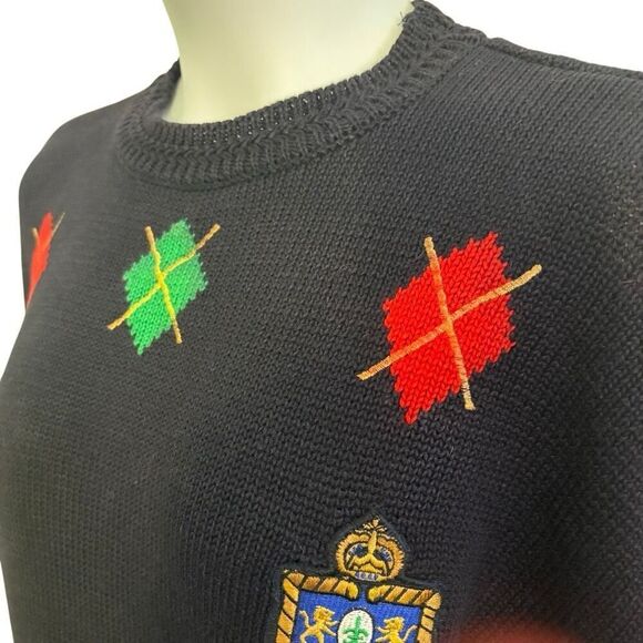 Large Vintage #90s #CHAUS Sweater #Preppy Knit Navy Crest Argyle Coat of Arms Em - Picture 3 of 11